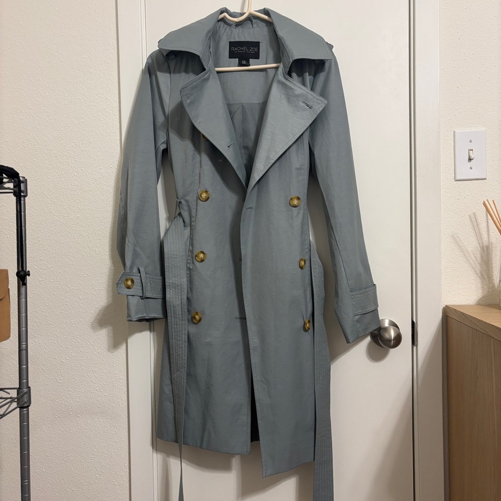 Rachel Zoe dusty sage blue hooded trench coat sz medium - Picture 12 of 14